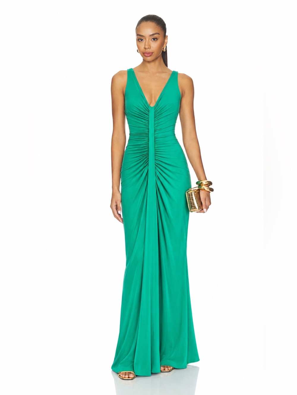 Chiara Boni La Petite Robe Green Ruched V-Neck Evening Gown